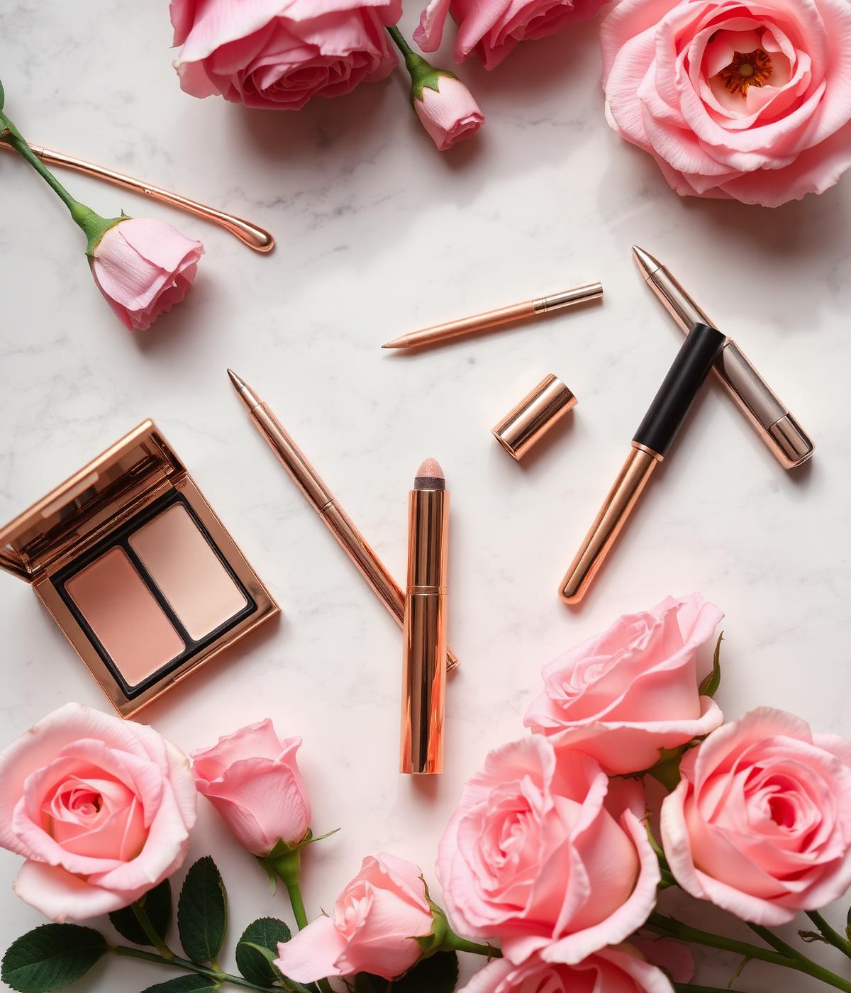 Rose gold beauty tools and roses on marble