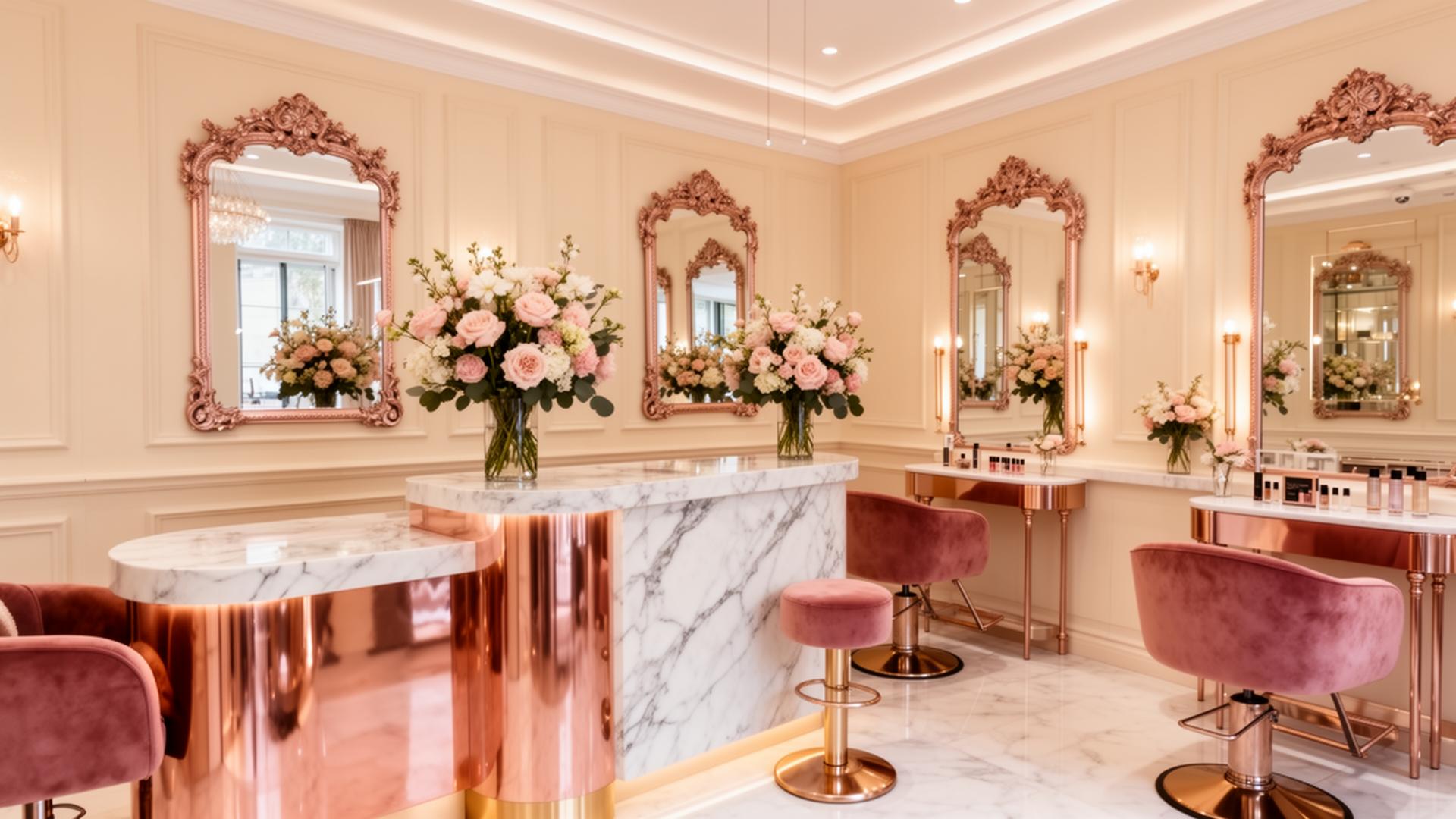 Luxurious rose gold salon interior at Glam Studio Lahore